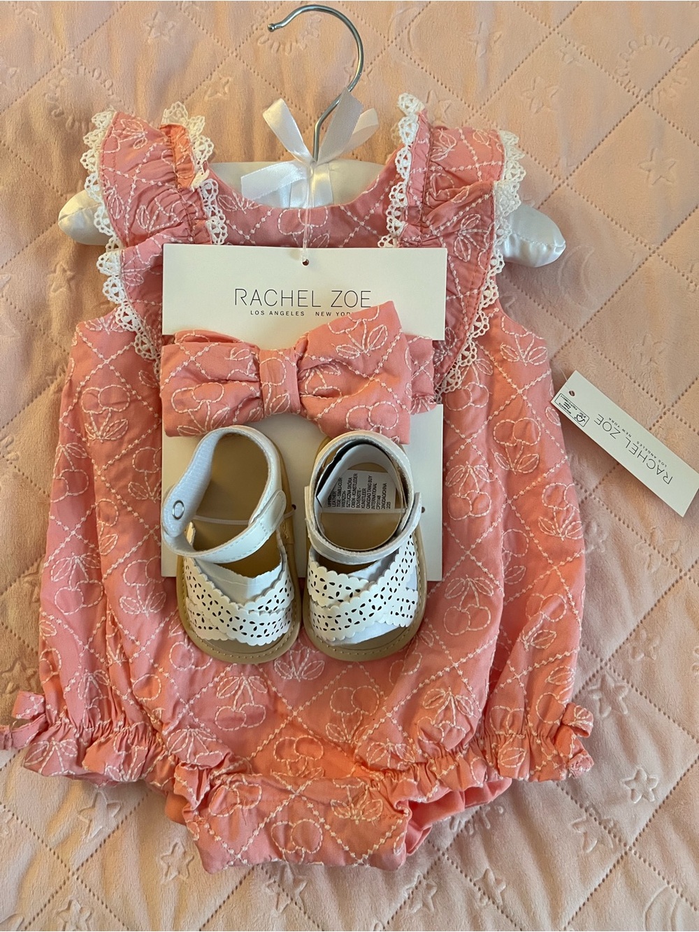 NWT Rachel Zoe Pink Embroidered Baby Romper with White Sandals & Bow